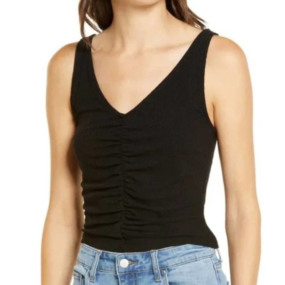 Love, Fire for Nordstrom Ribbed Cropped Tank in Black V-Neck Size Small